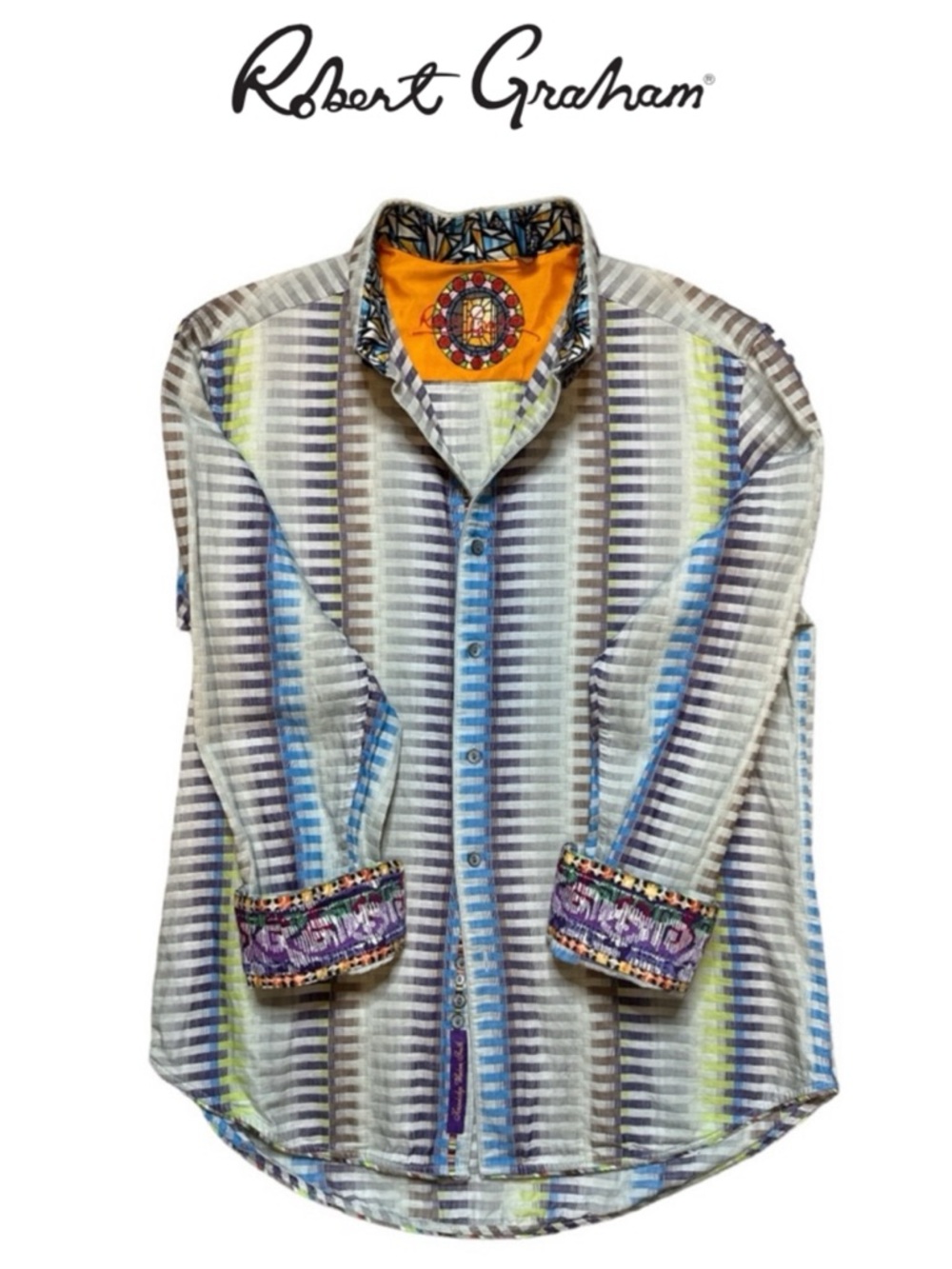 ROBERT GRAHAM STRIPED BATIK FLORAL CONTRAST FLIP CUFF MENS EMBROIDERED SHIRT